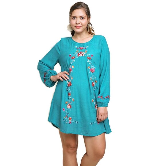 umgee Floral Embroidered Dress, Emerald - Picture 1 of 4